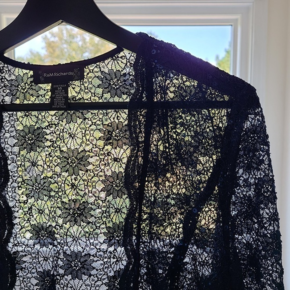 Lace Sequin Open Front Top 14 Dark Blue Floral Cardigan Topper Witchcore Evening